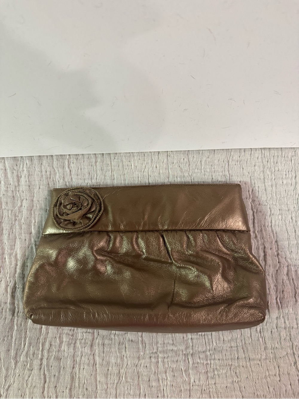 VTG Stuart Weitzman Metallic Bronze Hinge Open Clutch with Zipper Rosette